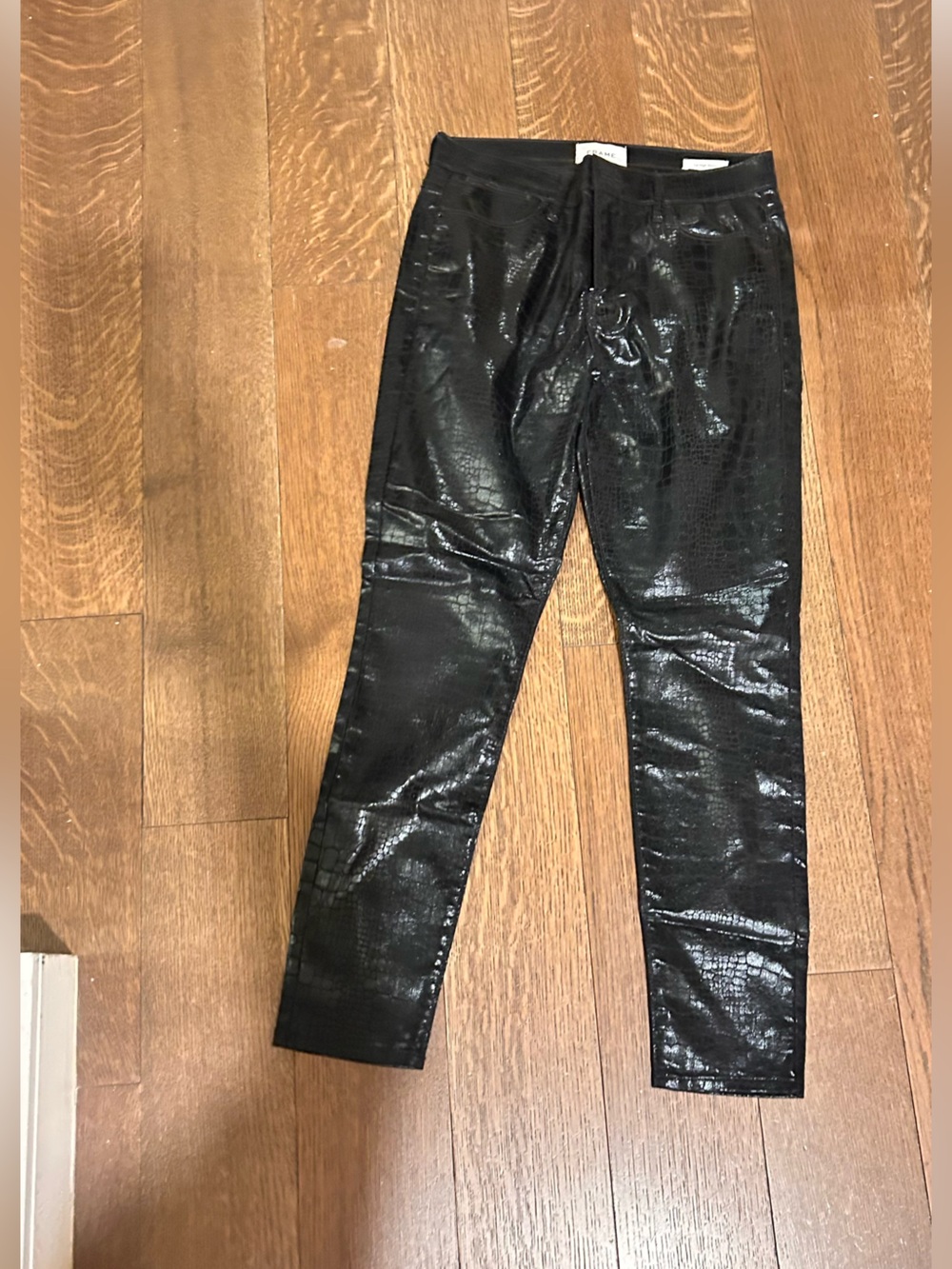 Womens Black Faux Leather Croc-Embossed Pants